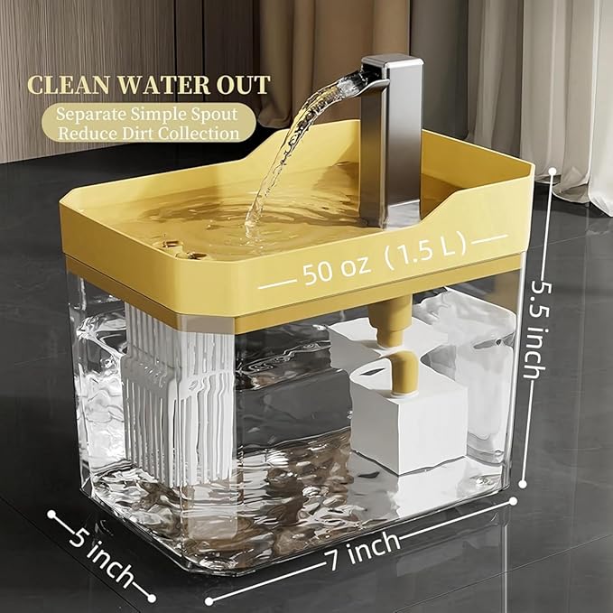 Pet Drinking Fountain, Cat Water Fountain with Silent Pump, 50oz Pet Fountain for Cats Dogs Kitten, Water Level Visibility, Pet Water Fountain with Adapter and LED Light, USB Cable, Yellow