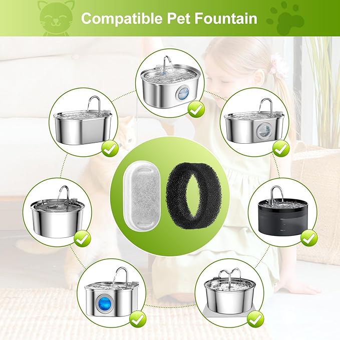 8 Pack Cat Water Fountain Filters, Replacement Filters & Pre-Filter Sponges for 3.2L/108Oz & 67oz/2L Stainless Steel Pet Fountain