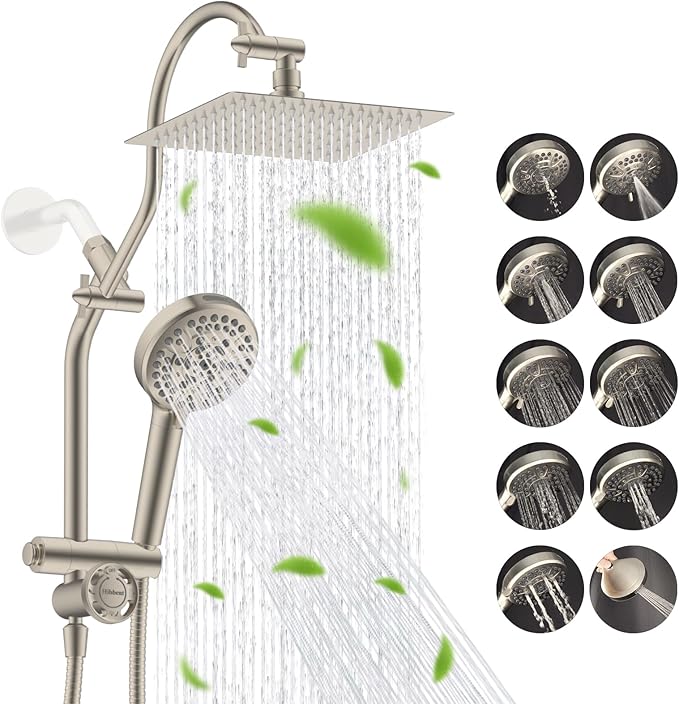 Hibbent cUPC Certified All Metal 8" Rainfall Showerhead Combo, High Pressure Shower Head with 10-Spray Handheld, Innovative 4-way Diverter with Pause Mode, 71'' Shower Hose & Holder, Brushed Nickel
