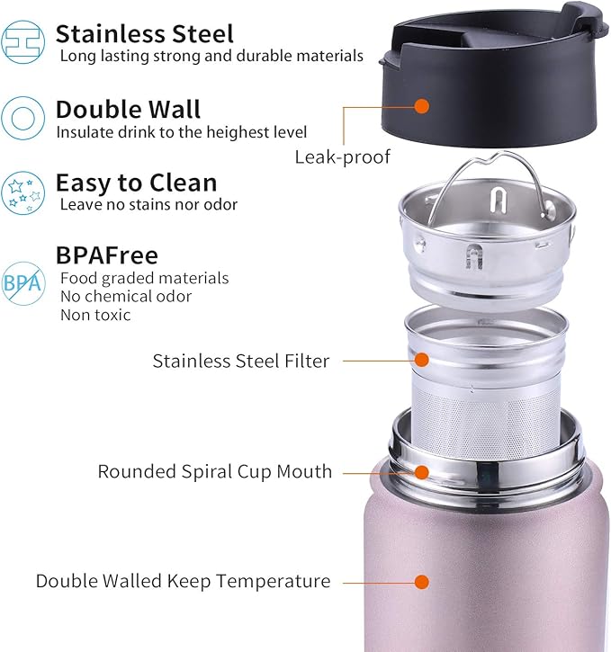 Infuser Travel Mug with Removable loose leaf Tea Strainer Bottle 18/8 Stainless Steel Insulated Tumbler for Women Rosegold