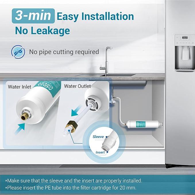 AQUACREST In-Line Water Filter for Refrigerator and Ice Maker, 5 years or 10,000 Gallons High Capacity, 1/4-Inch Direct Connect Fittings, Reduces Chlorine, Bad Taste & Odor