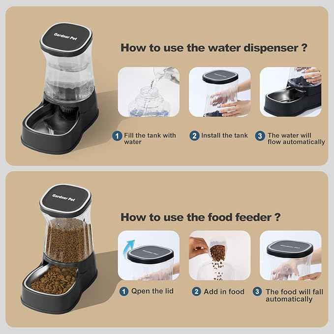 Automatic Pets Gravity Feeder and Water Dispenser Set with Stainless Steel Bowl, 1Gallon x 2 Stable Dog Food Feeder and Waterer, 100% BPA-Free for Small&Medium Dogs, Cats, Puppies(Black)