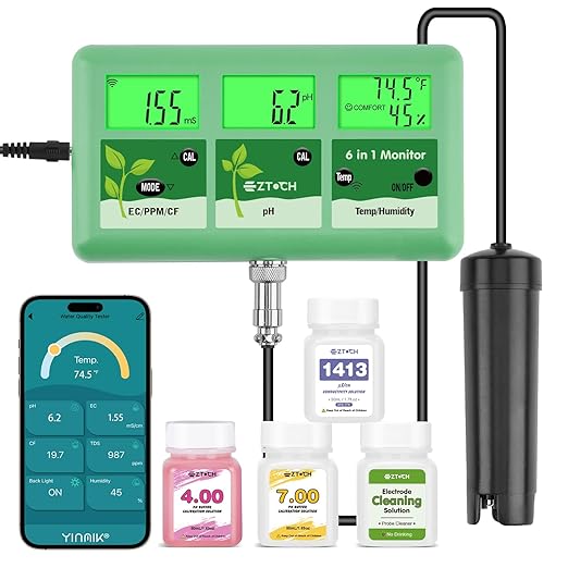pH EC PPM Monitor for Water Hydroponic with pH Calibration Solution, 6 in 1 pH EC TDS Continuous Monitor with 250ml pH 4.0+7.0+10.0 Calibration and Probe Cleaning Solution for Water, Pool