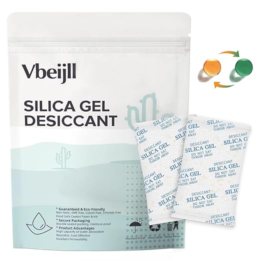 Premium 20 Gram 50 Pcs Desiccant Silica Gel Packets with Color Indicating - Rechargeable Moisture Absorbers for Food Grade Silica Packets for Foods, Seeds, 3D Filaments, Electronics, Safes