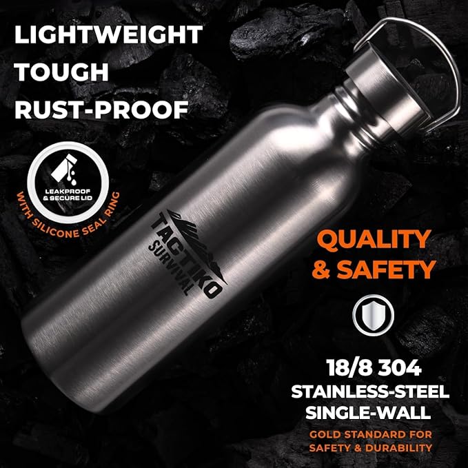 Tactiko Survival 34 oz/1000 ml Stainless Steel Wide Mouth Water Bottle, Single Wall Boil-Safe, Leakproof, BPA-Free with Carry Sleeve and Strap for Camping, Hiking, Outdoor Prep (Black)