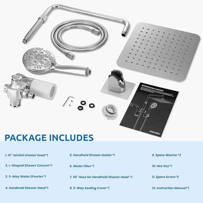 Ryamen Upgraded Dual Shower Heads Combo, 10 inch Filtered Shower Head with Handheld, 3-Way Rain Shower Head with Filters, 7 Settings Handheld Spray, High Pressure, Height Adjustable (Silver)