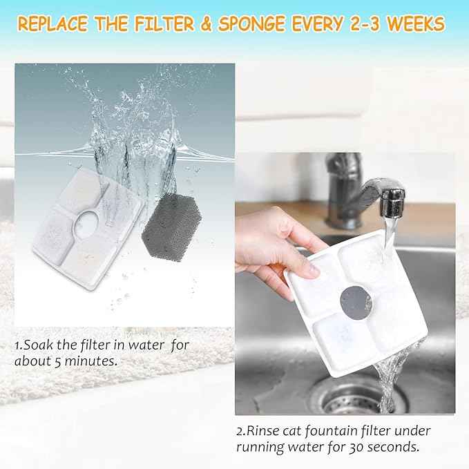8 Pack Replacement Filters & 8 Pack Pre-Filter Sponges for Veken 84 oz / 2.5L Automatic Pet Water Fountain, Triple Filtration Cat Fountain Replacement Filter