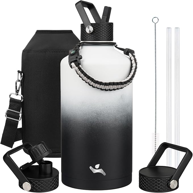 Gallon Insulated Water Bottle with Straw,128 oz 3 Lids Water Jug with Carrying Bag,Paracord Handle, Double Wall Vacuum Stainless Steel Metal Flask,Day Night