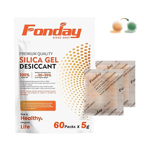 5Gram 60Packets Fonday Rechargeable Silica Gel Desiccant Packets Food Grade Fast Reactivate Desiccant Bags Moisture Indicating Orange to Green