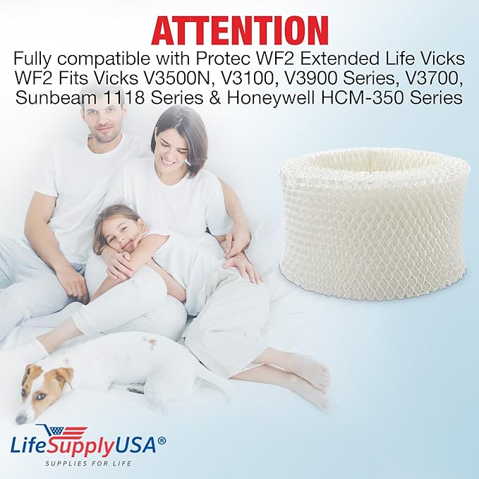 LifeSupplyUSA Humidifier Filter Compatible with Protec WF2 Extended Life Vicks WF2; Fits Vicks V3500N, V3100, V3900 Series, V3700, Sunbeam 1118 Series & Honeywell HCM-350 Series;