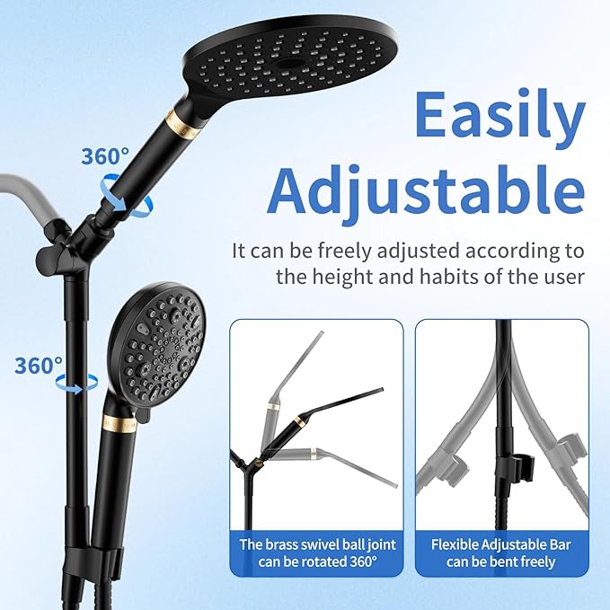 JONKEAN Dual Shower Heads with Handheld Spray Combo, 7.5" Big Filtered Double Shower Head for Hard Water, 9 Modes Waterfall Rain Shower Head High Pressure with Long Hose & Adjustable Bar (Matte Black)