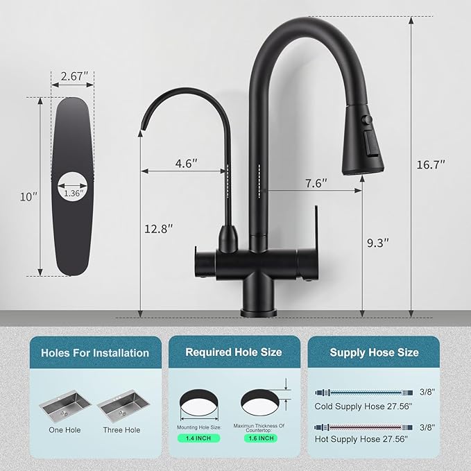 Kitchen Faucet with Water Filter Faucet, Black Stainless Steel Drinking Water Faucet, High Arc 2 Handle Kitchen Sink Faucet with Pull Down Sprayer for Kitchen Sink Farmhouse Bar