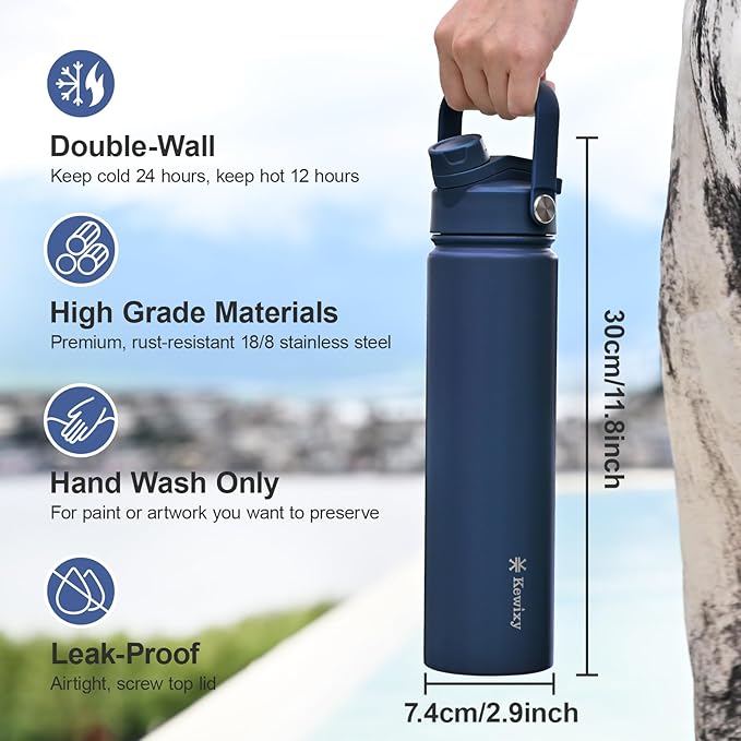 KEWIXY 24 oz Insulated Water Bottle, 2-in-1 Lid, Straw & Spout with Protected, Leak Proof, Keep Cold, Stainless Steel, Metal, Reusable, Handle, for Travel, Gym and School, 2 Lids, Denim Blue