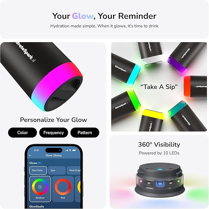 Hidrate Spark PRO Smart Water Bottle - Tracks Water Intake & Glows to Remind You to Stay Hydrated, Chug & Straw lid, 32oz, Brushed