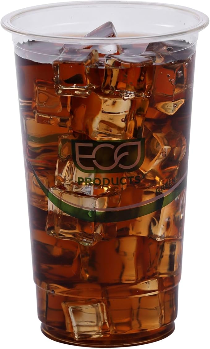 ECO PRODUCTS GreenStripe Clear Compostable 32oz PLA Large Plastic Cups, Case of 600, Disposable Renewable Plant-Based Cold Cups, For Cold Drinks & Snacks, BPI Certified, ASTM Compliant.