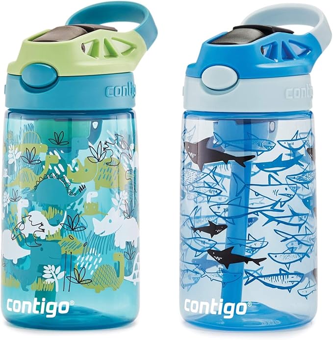 Contigo Aubrey Kids Water Bottle, 2-Pack, 14oz, Dinos & Sharks, Spill-Proof Lid, Dishwasher Safe, Blue & Green