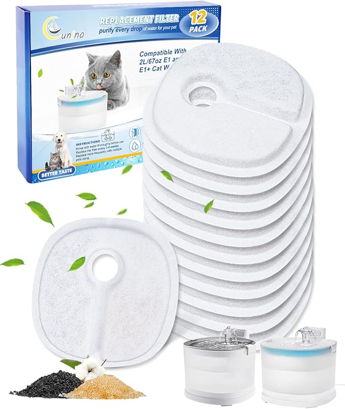 Cat Fountain Filter Replacement, Compatible with 2L/67oz E1 and E1+ Automatic Cat Water Dispenser, Cat Water Fountain Filters, Pet Fountain Filters Replacement Multilayer Filter, 12Pack - AquaVibe