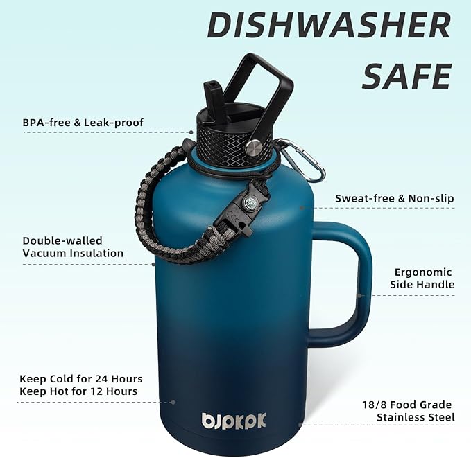 BJPKPK 2/3 Gallon Water Bottle Insulated with Straw Lid, 87oz Large, Stainless Steel Water Bottles with 3 Lids and Paracord Strap, Double Wall Vacuum Metal Water Jug,Vast