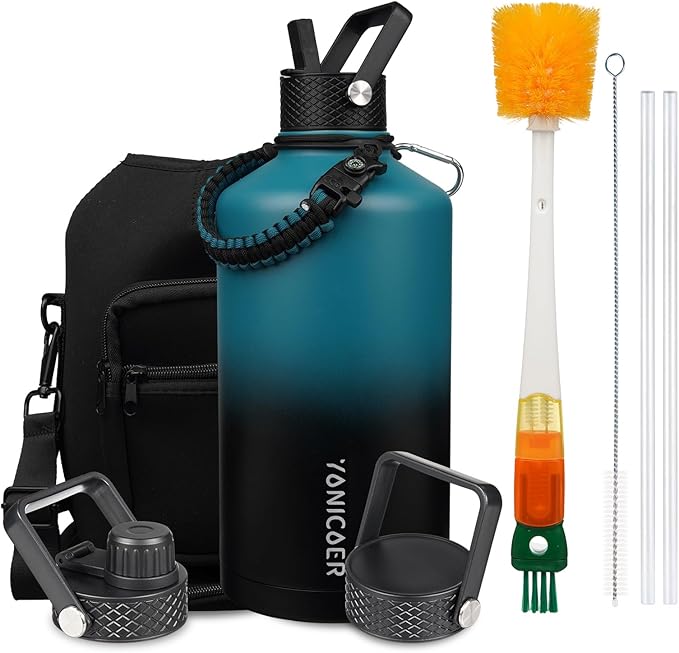 Insulated Water Bottle 128oz,Triple Wall Vacuum Stainless Steel(Dishwasher Safe),Leak Proof & Non-BPA,Flask Jug with Paracord Handle & Straw Spout Lids Sports Gradient indigo blue/black