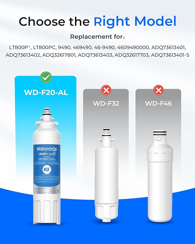 Waterdrop 𝐀𝐥𝐤𝐚𝐥𝐢𝐧𝐞 ADQ73613401 Water Filter, 𝐄𝐧𝐡𝐚𝐧𝐜𝐞𝐬 𝐩𝐇, Replacement for LG® LT800P®, ADQ73613402, ADQ75795104, LSXS26326S, LMXC23746S, LSXS26366S, LSXS26386D, 4 Filters - AquaVibe