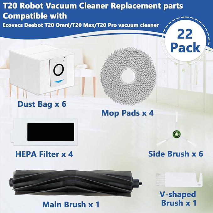 22 Pack Replacement Parts for ECOVACS T20 Omni/Max/Pro,Ecovacs T20 Max Vacuum Cleaner Accessories Kit, 1 Main Brush, 4 Hepa Filters, 4 Mop Pads, 6 Vacuum Bags, 6 Side Brushs, 1 V-shaped brush - AquaVibe