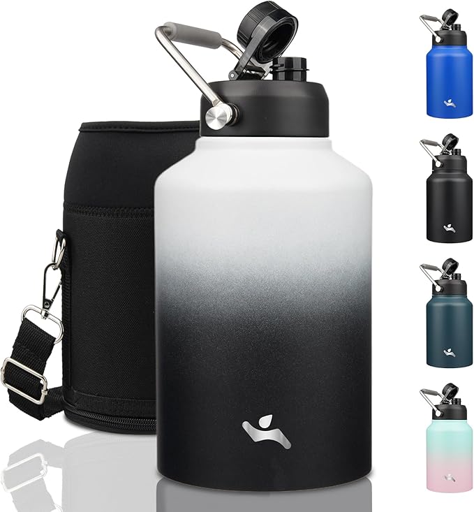 1 Gallon Jug with Handle,128 oz Insulated Water Bottle with Carrying Pouch, Double Wall Vacuum Stainless Steel Metal Bottle,Day Night