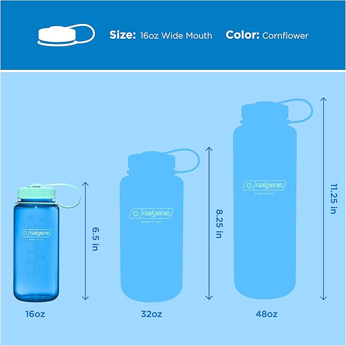 Nalgene 16 oz Wide Mouth Water Bottle | BPA-Free, Durable & Leak Proof, Lightweight Travel Bottle, Fits in Cupholders, Cornflower