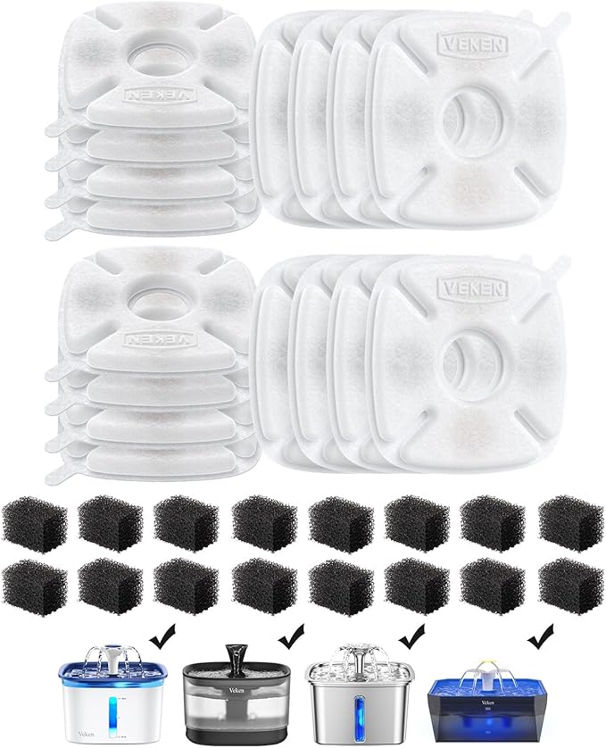 Veken Cat Water Fountain Filter, Classic 16 Pack Replacement Filters & 16 Pack Replacement Pre-Filter Sponges for 50oz, 84oz, 95oz Automatic Pet Fountain Dog Water Dispenser