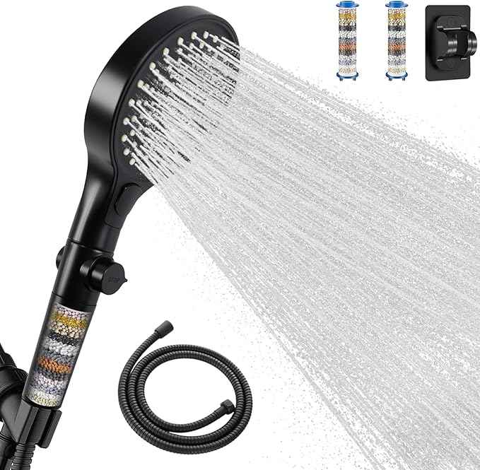 Filtered Handheld Shower Head with Hose and Holder, 5.1" Large High Pressure Shower Wand with 2 Extra Filters, Matte Black Showerhead Set for Hard Water, 3 Spray Modes & One-Key Pause