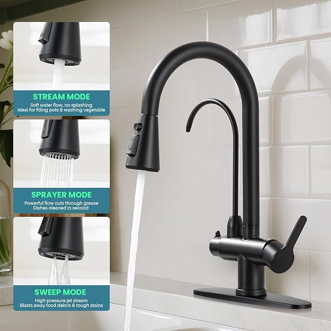 Kitchen Faucet with Water Filter Faucet, Black Stainless Steel Drinking Water Faucet, High Arc 2 Handle Kitchen Sink Faucet with Pull Down Sprayer for Kitchen Sink Farmhouse Bar