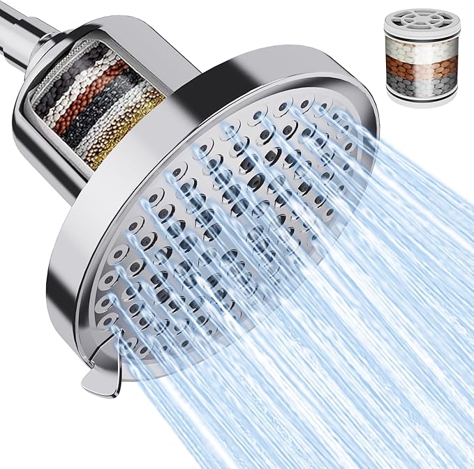 MIKEE Filtered Shower Head, 7 Modes High Pressure Shower Heads with Water Softener Filter Cartridge for Hard Water Remove Chlorine and Harmful Substances,6inch Rain Shower Heads,Chrome