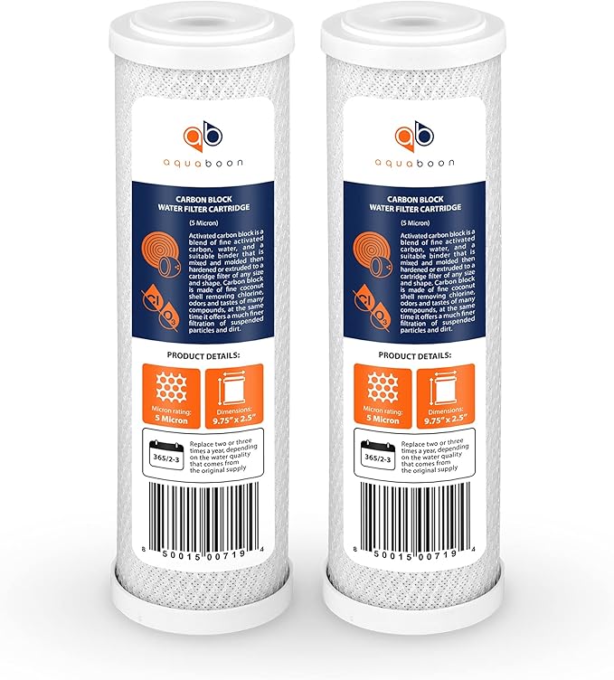 Aquaboon 5 Micron 10 x 2.5 Carbon Block Water Filter Cartridge CTO Whole House Water Filter Replacement Compatible with WHKF-WHWC, FXWTC, 2-PACK - AquaVibe