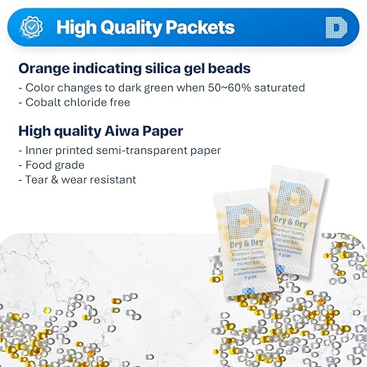 Dry & Dry 1 Gram [50 Packets] Orange Indicating Silica Gel Packets Desiccants - Food Safe Silica Packs, Silica Gel, Silica Packets, Desiccant Packs for Food Storage