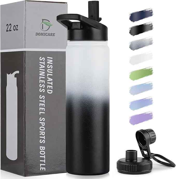 DOMICARE Insulated Water Bottle, 22 oz Vacuum Insulated Stainless Steel Reusable Sports Bottle with Straw Lid & Spout Lid for Travel, Camping, Bike, Leakproof, Black/White, 1 Pack