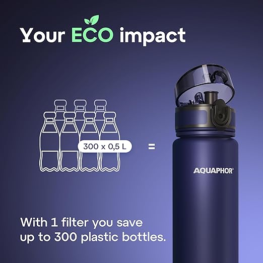 AQUAPHOR City Filtered Water Bottle in Tritan BPA-free - Portable with Integrated Water Purifying Filter 500 ml - Navy