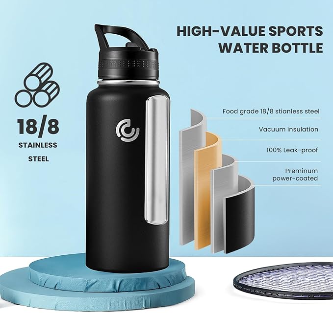 COKTIK 32oz Sports Water Bottle, Stainless Steel Water Bottle for Insulated, Reusable Travel Bottle, With Straw, With Handle Grip for Easy Carrying, Suitable for Cycling, Outdoor Vacations(Black)