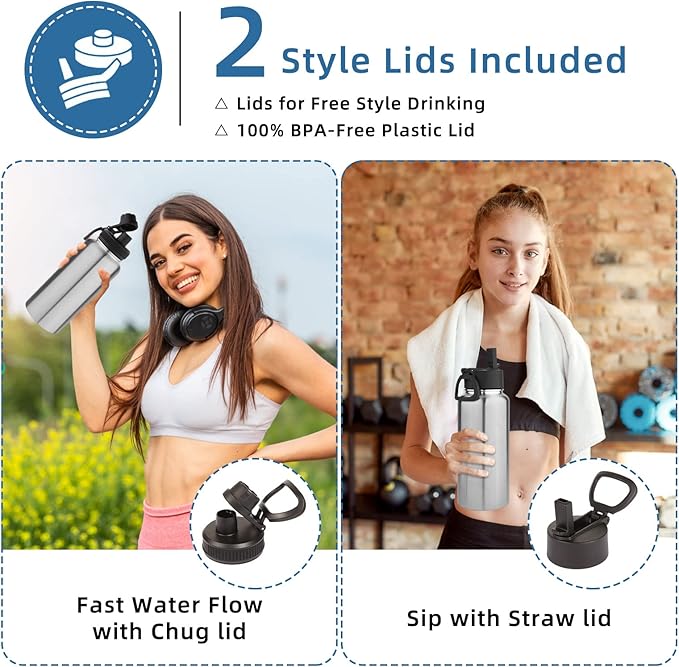 Volhoply 32 oz Water Bottles Bulk 4 Pack with Straw Lid & Spout Lid,Insulated Sports Water Bottle,Double Wall Vacuum Stainless Steel Cups,Leakproof Wide Mouth Metal Flask for Travel(Silver,4)