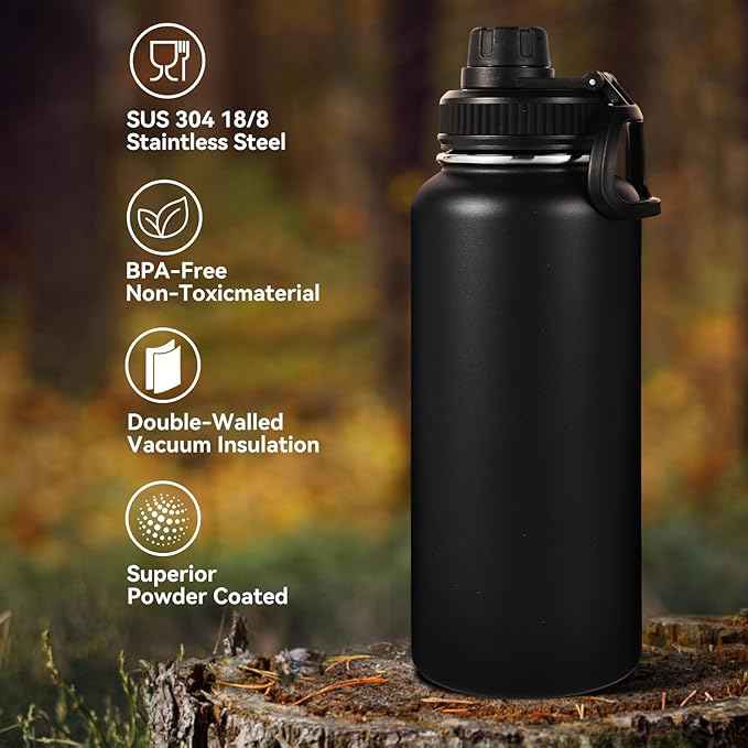 Neihepal 32 oz Insulated Water Bottles with 2 Lids (Straw & Spout Lid), 18/8 Stainless Steel Double Wall Water Bottle for Gym, Travel, Camping, Sports (Black,2 Pack)