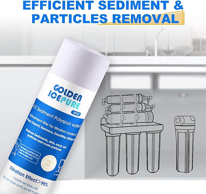 GOLDEN ICEPURE PP10 Water Filter, 5 Micron 10" x 2.5" Whole House Sediment Water Filter, Compatible with WHKF-GD05, Aqua-Pure AP110, Culligan P5, DuPont WFPFC5002, CFS110, RS14 10 inch RO System Unit