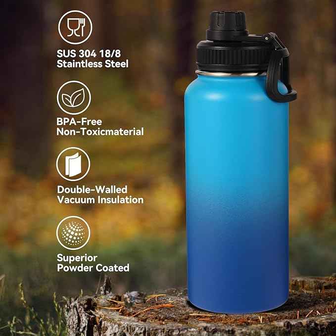 Neihepal 32 oz Insulated Water Bottles with 2 Lids (Straw & Spout Lid), 18/8 Stainless Steel Double Wall Water Bottle for Gym, Travel, Camping, Sports (Green Blue,2 Pack)