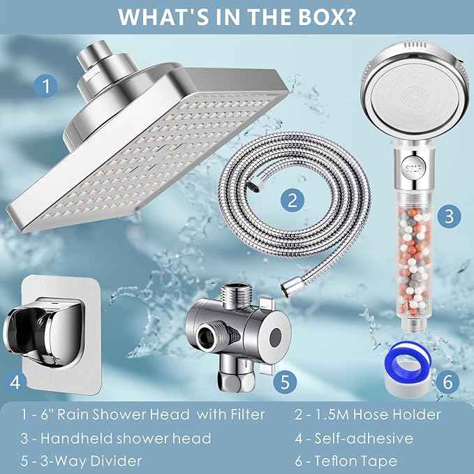 Filtered Shower Head with Handheld Combo, High Pressure Rain Showerhead Filter for Remove Chlorine and Harmful Substances, with Self-adhesive Holder/59" Hose, Chrome