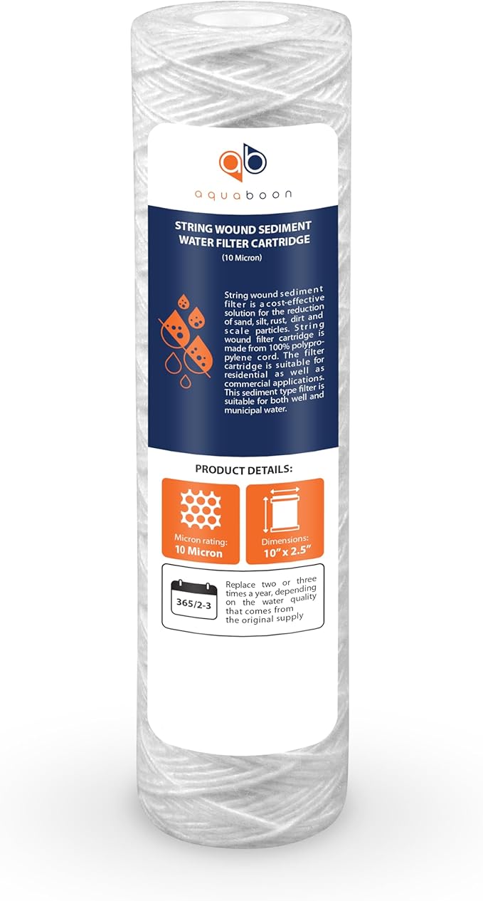 Aquaboon String Wound Water Filter Cartridge - Whole House 10 Micron Water Filter 10 x 2.5 Replacement for Well Filter Matches WHKF-WHSW, P5, 6-Pack