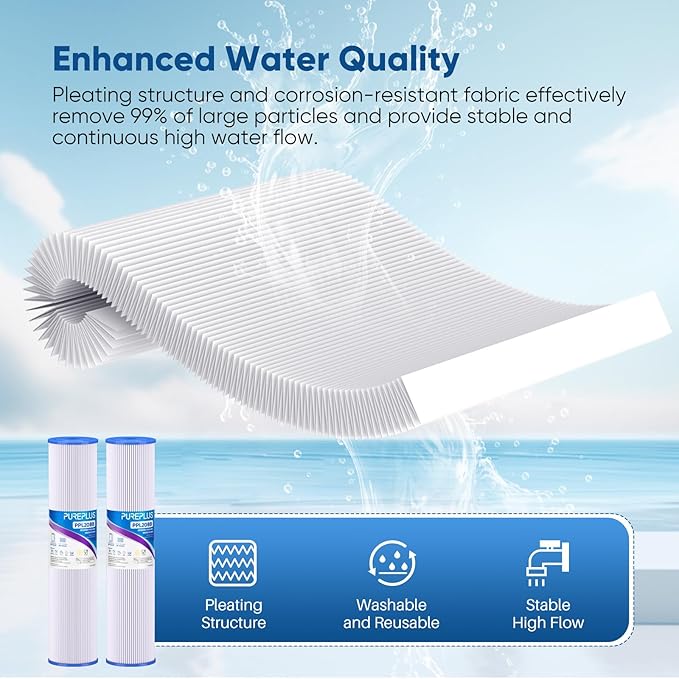 PUREPLUS 20" x 4.5" Whole House Pleated Sediment Filter for Well Water, Replacement Cartridge for ECP20-20BB, AP810-2, SPC-45-2020, R30-20BB, HDC3001, ECP5-20BB, 4Pack