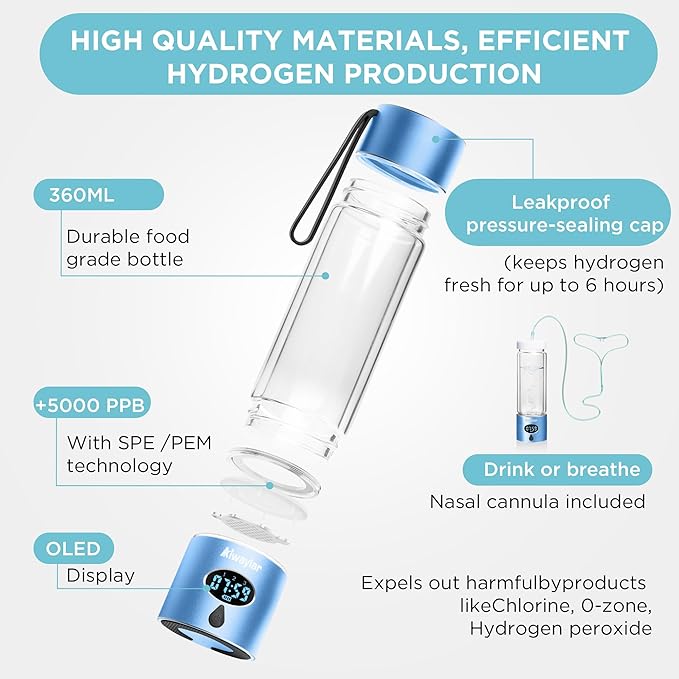 Aiwaylar Hydrogen Water Bottle - Portable, Rechargeable, LED Timer,3 Work Mode, Aluminum and Glass,360ML,Hydrogen Water Ionizer Machine with PEM/SPE Technology, Suitable for Office,Home,Gym Outdoor