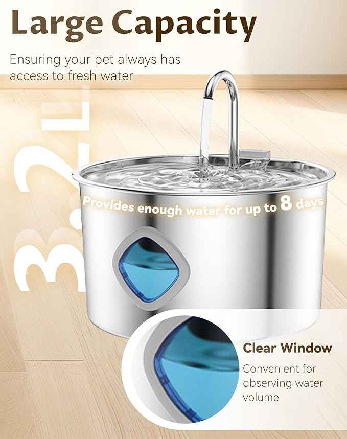 Dog Bowl for Small Dogs (with 10 Filter, 3.2L/108Oz) Stainless Steel Quiet Dog Water Bowl with Visual Water Level & Quadruple Filtration for Pets(8 Filters, 1)