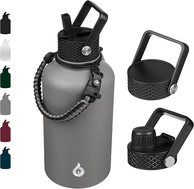 BJPKPK Half Gallon Insulated Water Bottles with Straw Lid, 64oz Large Water Jug, Stainless Steel Bottles with 3 Lids and Paracord Handle, Thermo for Hot & Cold Liquid, Gray
