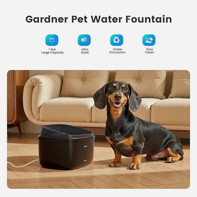 Gardner Pet Cat Fountain 1 Gallon, Vortex Dog Water Fountain, Ultra Quiet Automatic Cat Fountain with Filter, Transparent Tank, Splash-Proof, Easy to Clean,Without Adapter (Black)