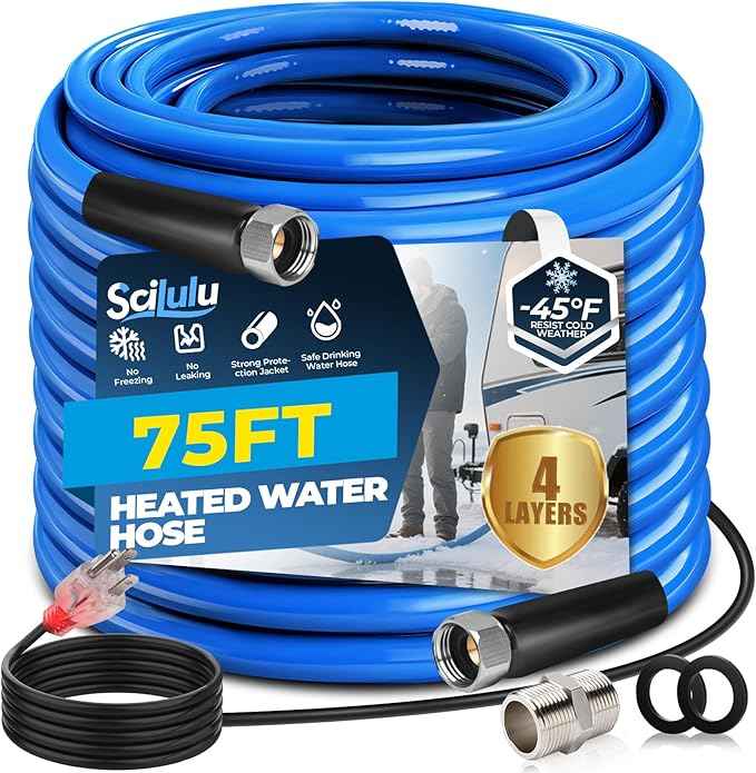 75FT Heated Water Hose for RV, Freeze Protection to -45°F, Lead-Free & BPA-Free, Safe Hose for Campers, Gardening, Livestock, Home Use