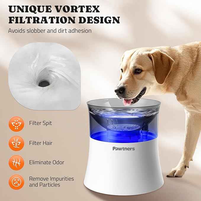Pawtners Dog Water Fountain, 1 Gallon Automatic No Spill Pet Water Bowl Dispenser for Small Medium Large Dogs with Vortex Filter, Deep Drinking Area and Quiet Pump