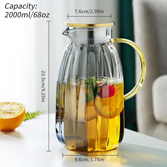 68OZ Glass Pitcher with Lid and Spout, Water Jug, 2000ml Carafe for Hot/Cold Water, Large Iced Tea Pitcher for Coffee, Juice and Homemade Beverage